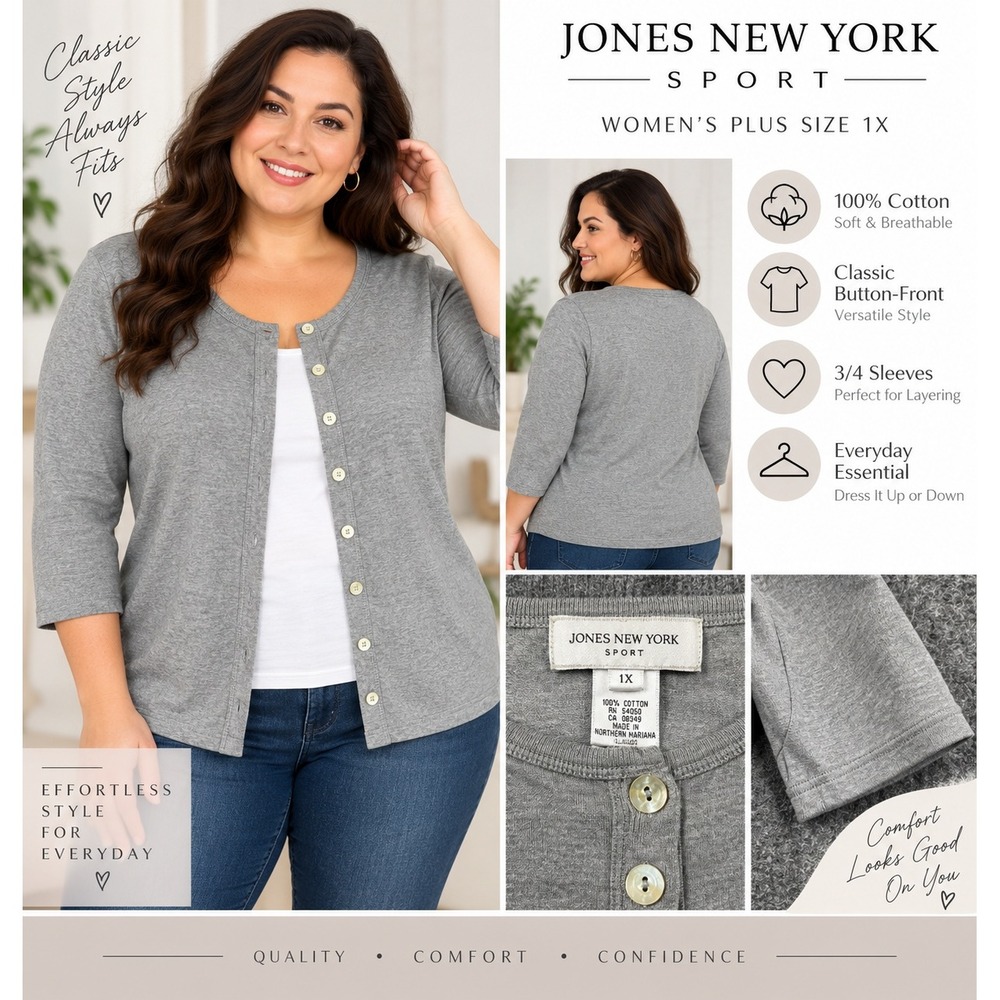 Jones New York Sport Womens 1X Heather Gray Cotton Button Front Cardigan Sweater